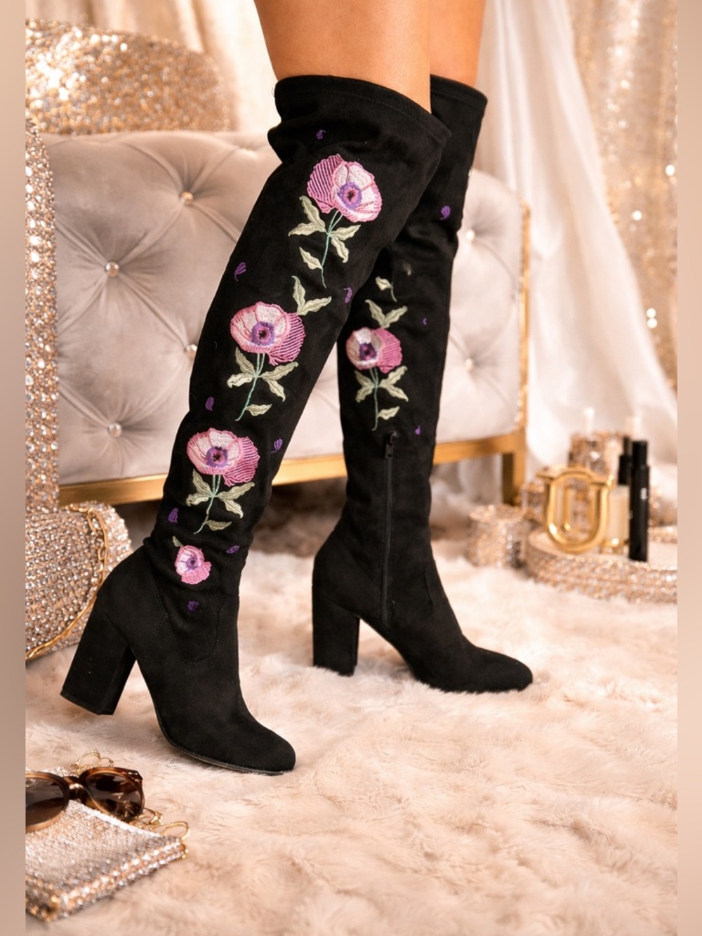 Carlos by Carlos Santana Black Faux Suede Over Knee Boots Embroidery - Picture 1 of 8